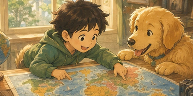 A student and a friendly dog looking at a world map.