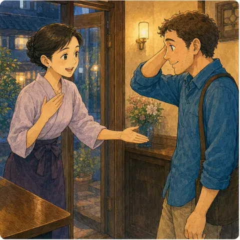 Warm illustration of a snack bar host welcoming and helping a foreign customer.
