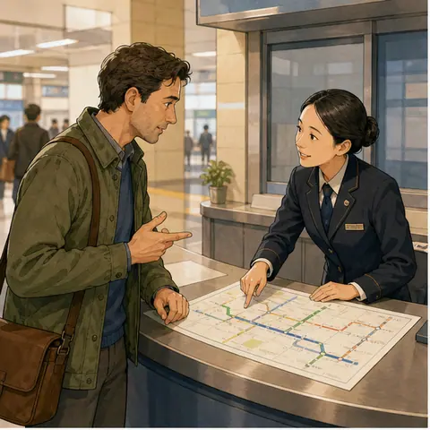 Adult traveler asks again and confirms train information at a station.