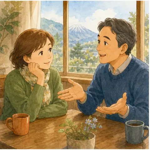 Warm illustration of adult learners having a casual weekly-life English conversation.