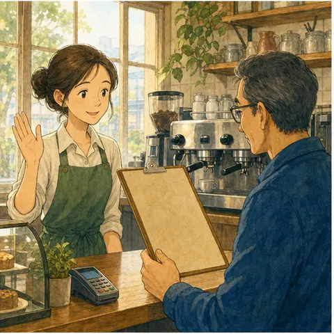 English lesson illustration for Cafe Coffee and Working at a Cafe