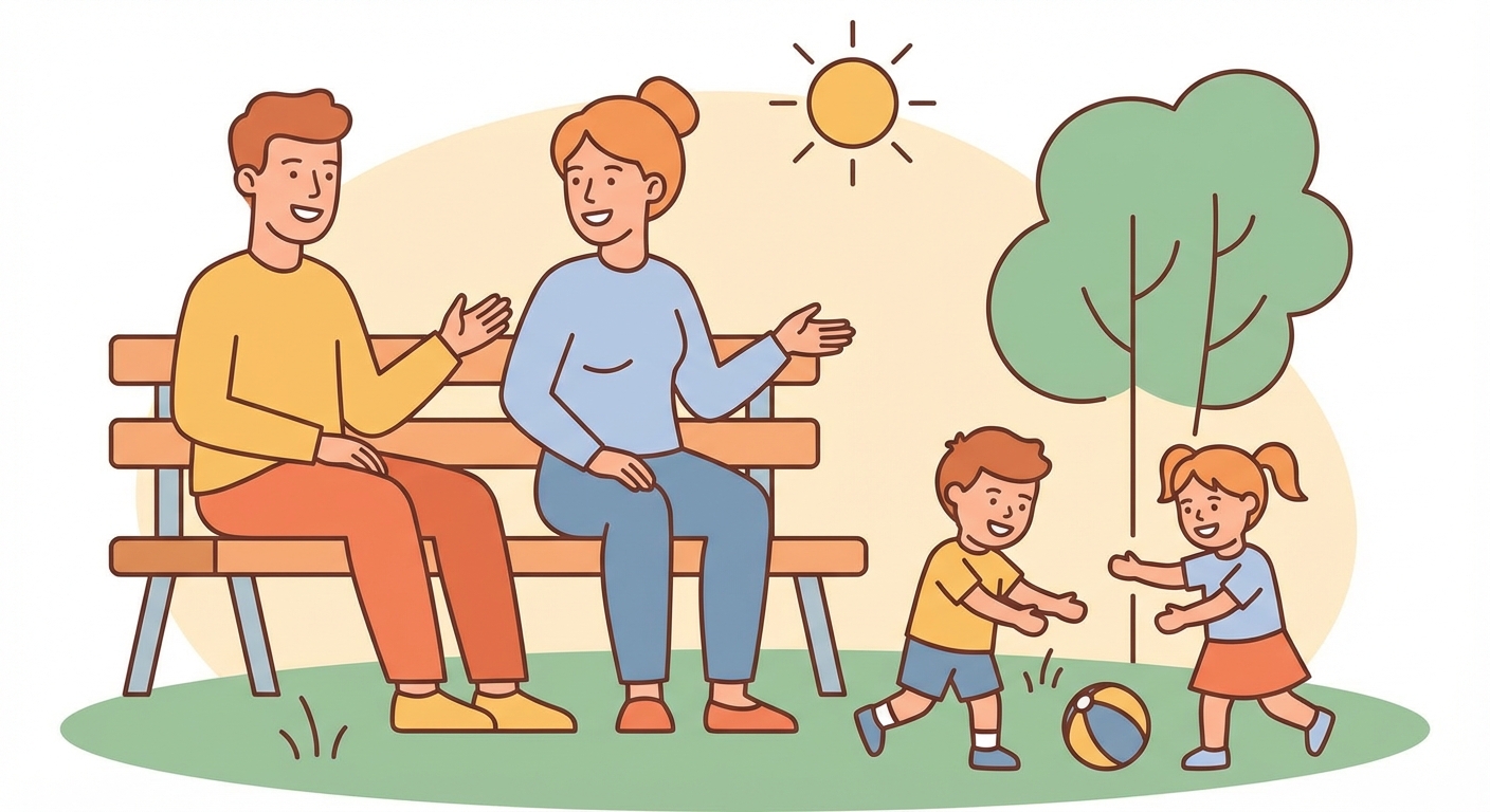 Flat illustration for 👩‍👩‍👦‍👦 Parents and Toddlers at the Park