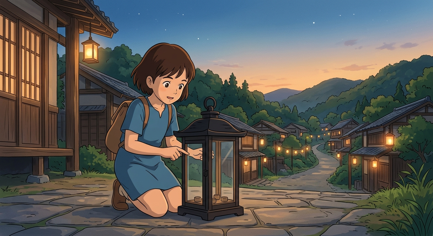 Anime story illustration 2: The traveler knelt next to the lantern.