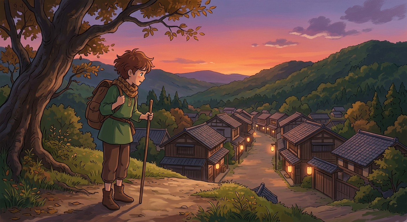 Anime story illustration for The Lantern Bridge and the Wind Fox