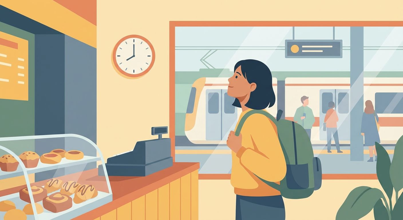 Illustration for Buying breakfast at the station shop