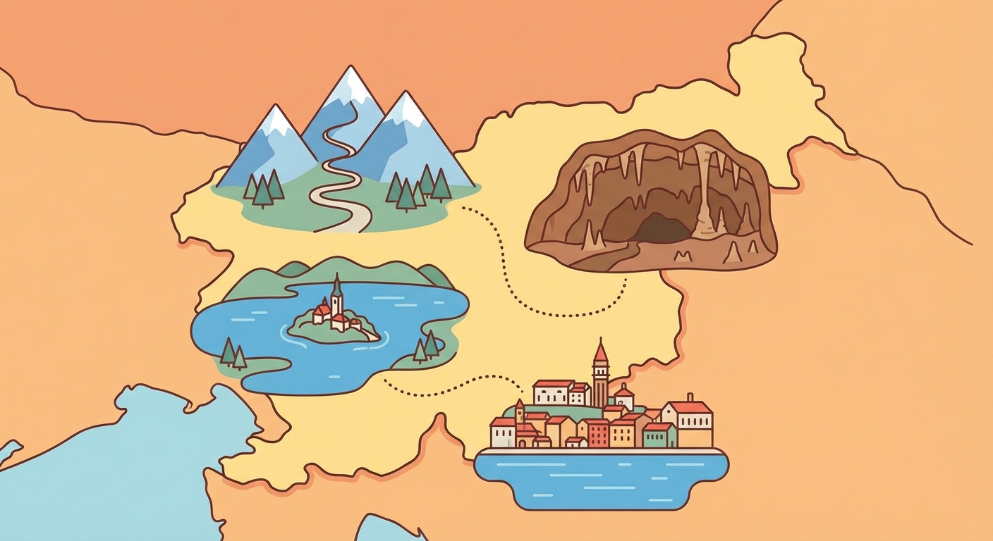 Illustration for Discovering Slovenia: Mountains, Lakes, Caves, and Coastal Towns
