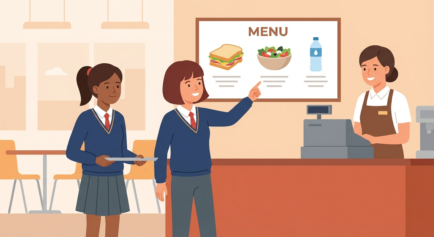 Illustration for Two students practice ordering lunch at the school cafe