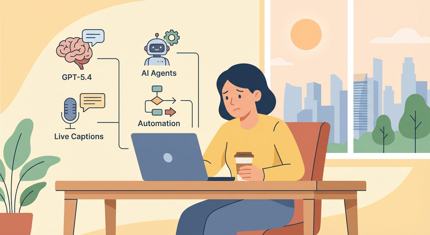 Illustration for The newest AI tools we use: GPT-5.4, AI agents, live captions, and automation. Explain how these tools help people wo...