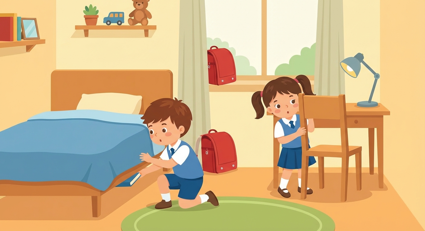 Illustration for Brother and Sister Search the Bedroom Before School