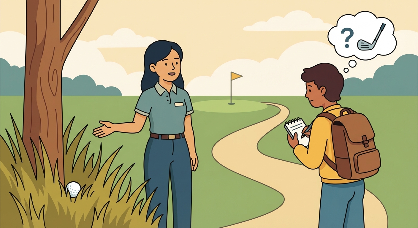 Illustration for Golf Rules Lesson. Hiroko explains golf rules to the learner in clear, structured English. Target level: B1, but keep...