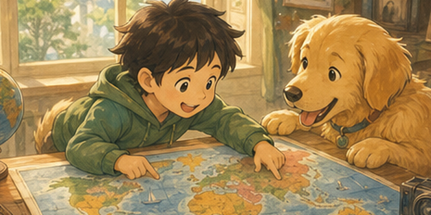 A student and a friendly dog looking at a world map.