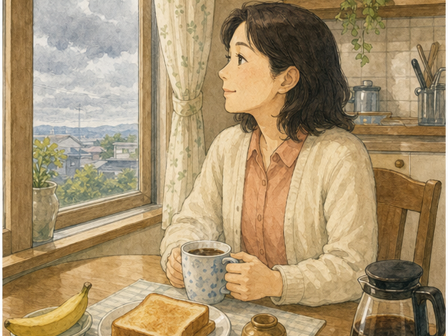 Illustration 1: Maya has breakfast by the window during her morning routine.