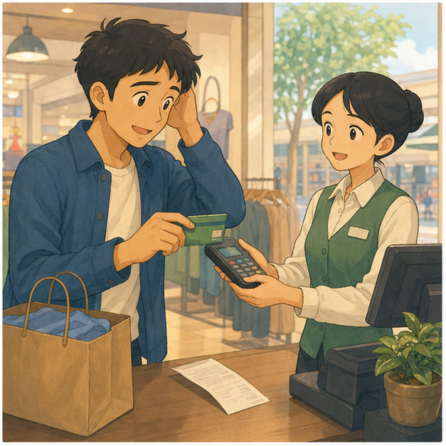 Practical English lesson illustration for The learner can ask for help, compare choices, handle a size/item/payment issue, and continue naturally. scene 4: Handle payment and agree the next step.