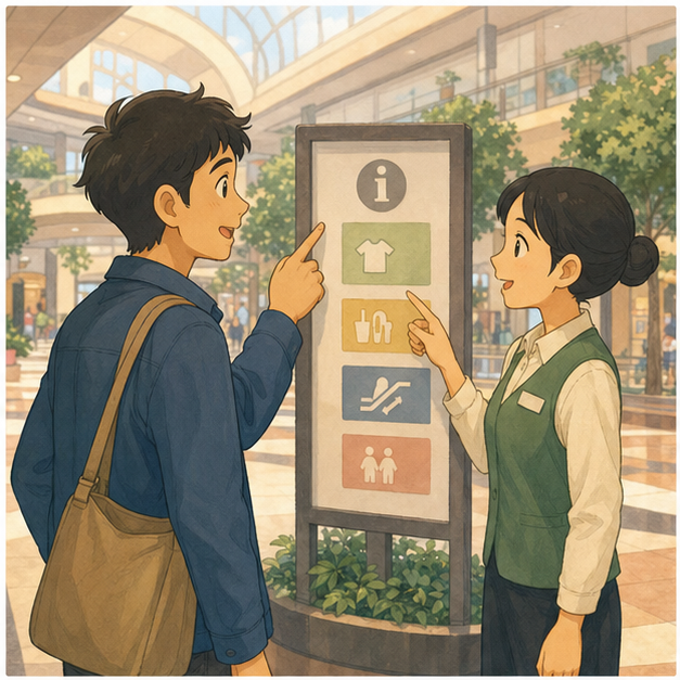 Practical English lesson illustration for The learner can ask for help, compare choices, handle a size/item/payment issue, and continue n...