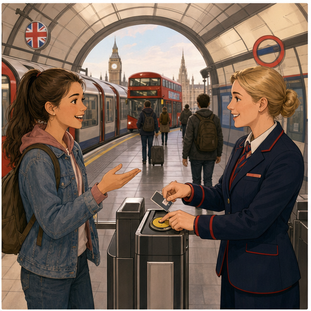 Illustration 2: Ask about a platform, card payment, a return ticket, or the Underground in England, the...