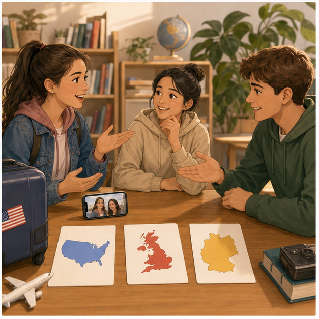 Illustration 4: Role-play the full travel flow: introduce yourself, ask a country-specific question, ta...