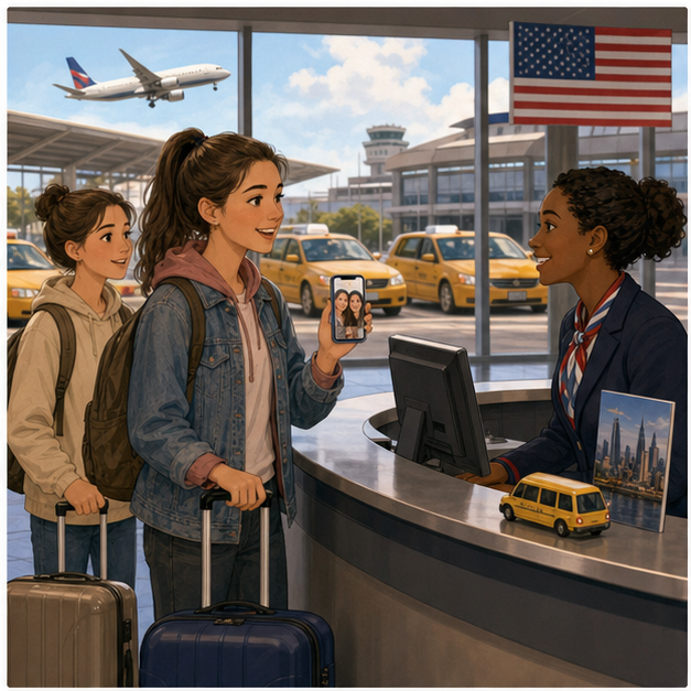 Practical English lesson illustration for The learner can introduce themself, ask useful travel questions, talk about family, and handle simple travel help in the USA, England, and Germany.