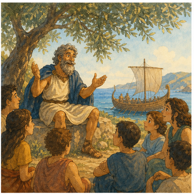 English lesson illustration for The Odyssey: Mythology, Symbols, Characters, and the Idea of Home scene 2: The Odyssey is an ancient Greek epic poem, a long story in poetic form about heroes and...