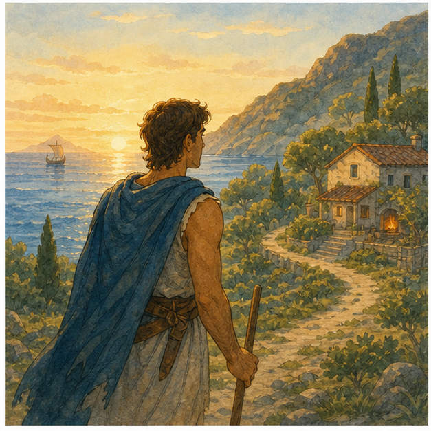 English lesson illustration for The Odyssey: Mythology, Symbols, Characters, and the Idea of Home scene 3: At the center of the story is one Greek word: nostos.