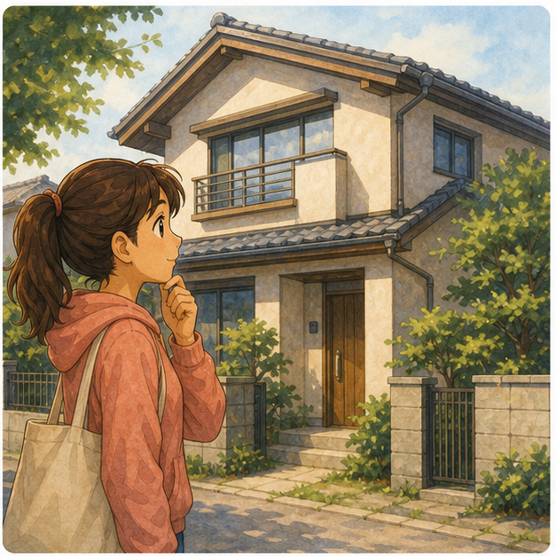 English lesson illustration for How to buy a home in Japan as a foreigner scene 2: She hoped to buy a home in Japan.