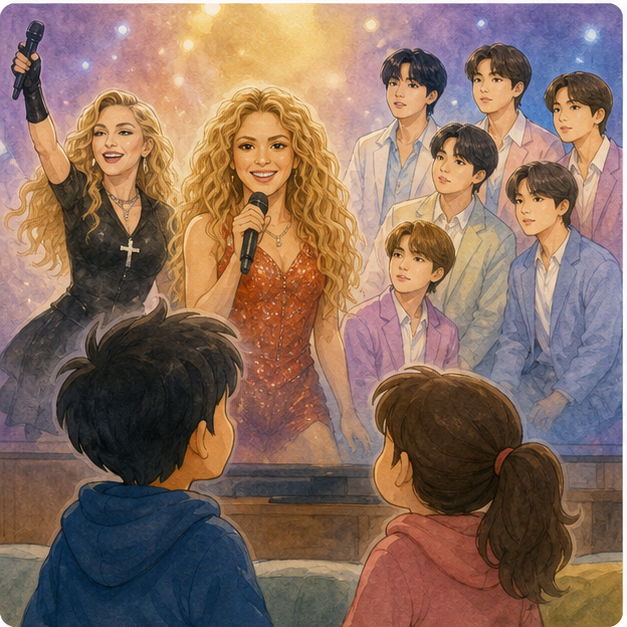 English lesson illustration for Madonna, Shakira & BTS to headline World Cup half-time show scene 3: The names in the reports are very famous.