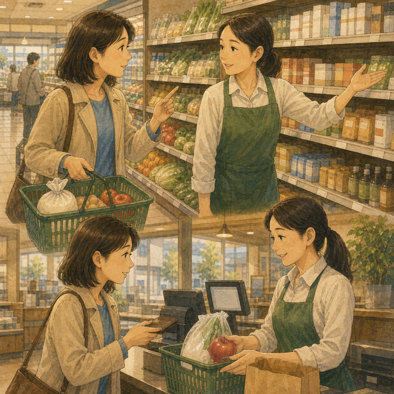 English lesson illustration for Supermarket: Find and Pay