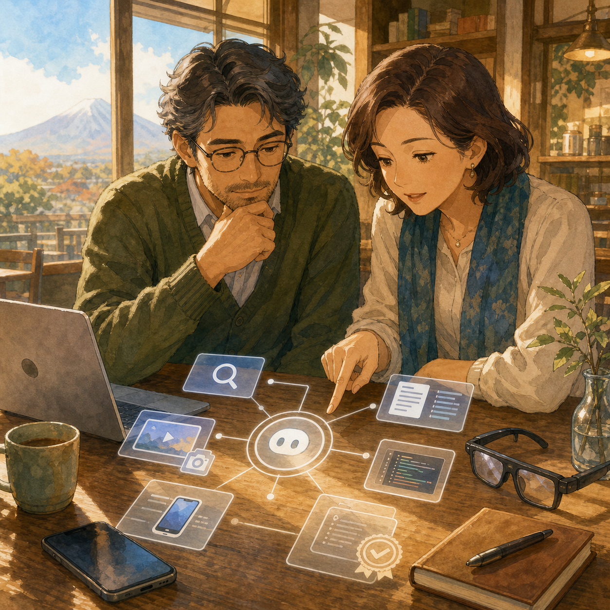 Warm illustration of two adult learners studying an abstract AI agent system over devices in a cafe workspace