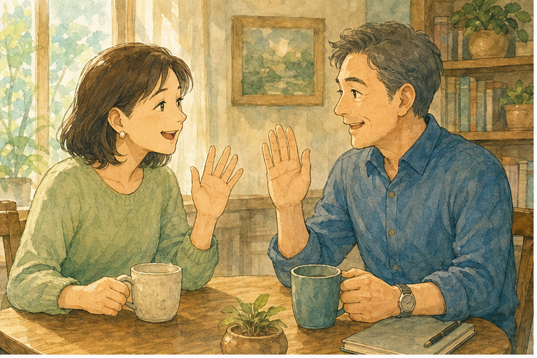 English lesson illustration for Weekly Catch-Up Conversation