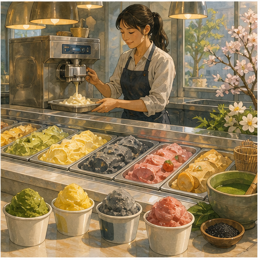 English lesson illustration for The History of Gelato scene 6: Part 6: Machines, Scale, and Consistency and Part 7: Gelato Around the World