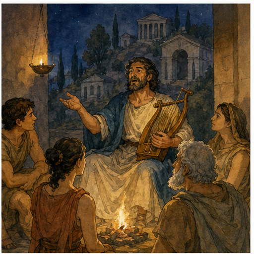 Travel guide illustration 2: Show a historically specific ancient scene with period-safe clothing, landscape, tools,...