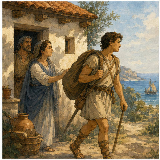 Travel guide illustration 3: Show a historically specific ancient scene with period-safe clothing, landscape, tools,...