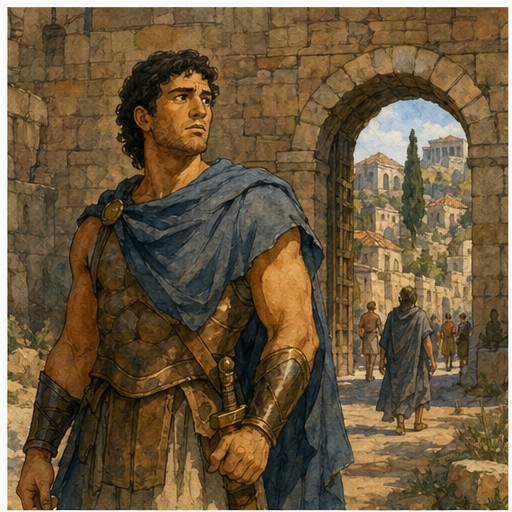 Travel guide illustration 1: Show a historically specific ancient scene with period-safe clothing, landscape, tools,...