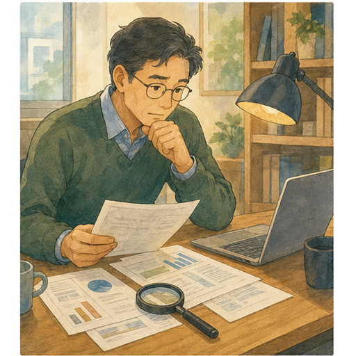 Illustration 2: Show an office worker noticing that a polished AI draft still needs fact-checking, with...