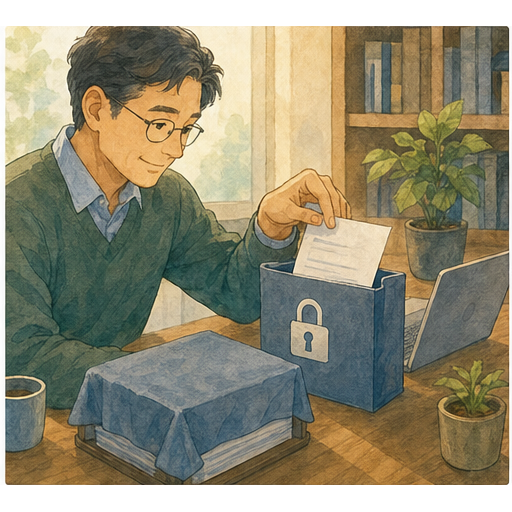 Illustration 3: Show an office worker removing private details from a document before using an AI assis...