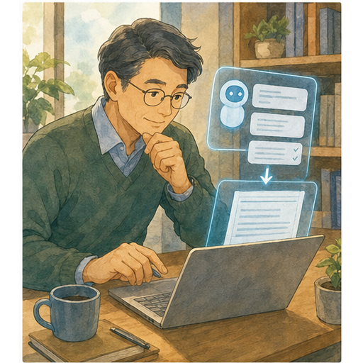 Illustration 1: Show an office worker using an AI assistant as a drafting helper while keeping the huma...