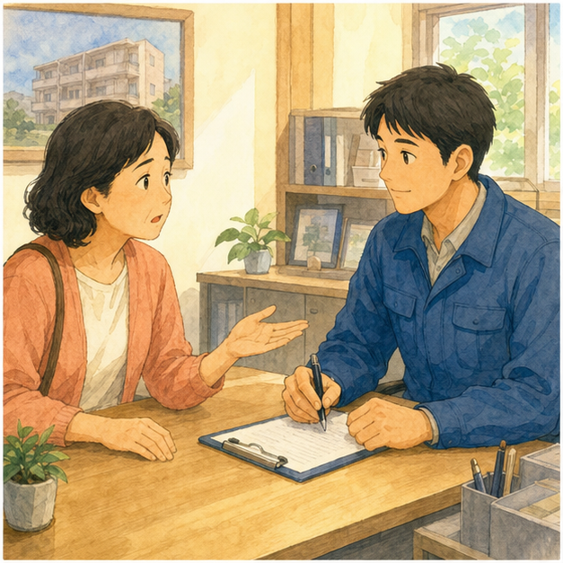 Illustration 1: Explain an apartment repair problem clearly, with a resident showing a leaking sink or...