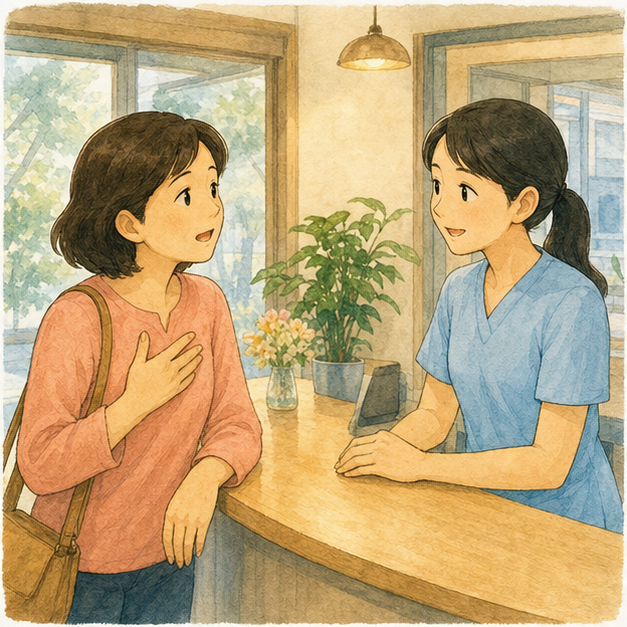 Illustration 1: At a clinic reception desk, the learner asks for help and clearly shows what hurts whil...