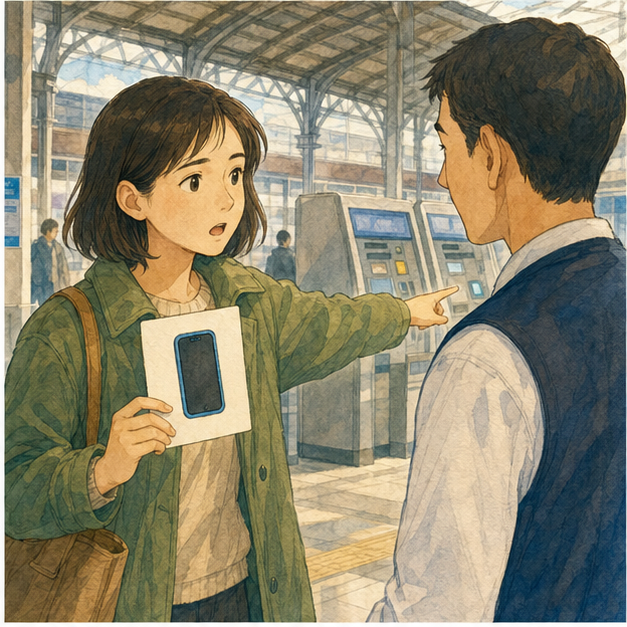 Travel guide illustration 2: At a station, the learner describes a black phone with a blue case using gestures and a...