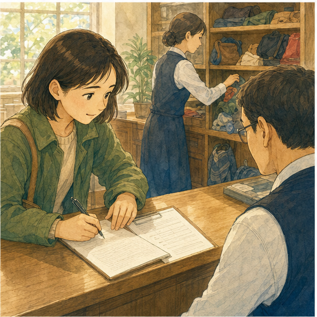 Travel guide illustration 3: At lost and found, the learner gives name and contact details on a blank form while wai...
