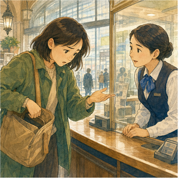 Travel guide illustration 1: At a train station information desk, the learner notices the phone is missing, checks a...