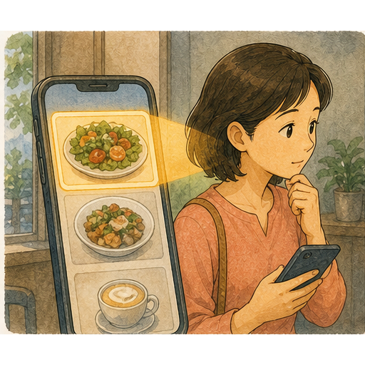 Illustration 1: Show a learner looking at a phone app and a real cafe menu, with warm visual arrows of...