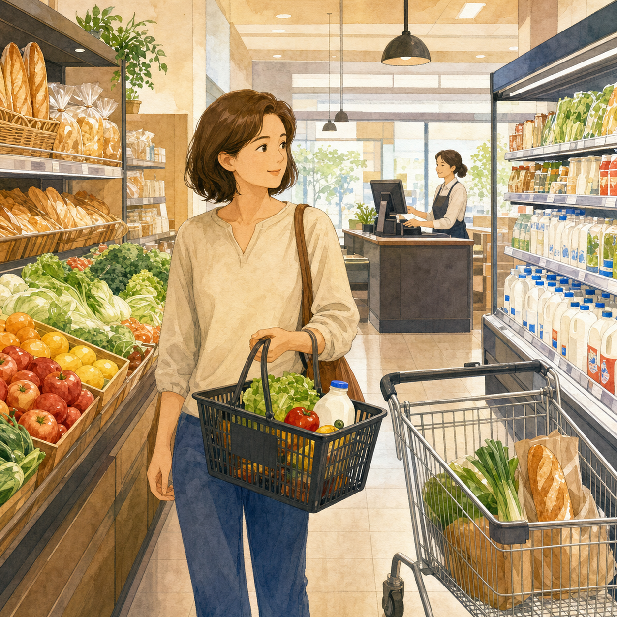 English lesson illustration for Shopping at a Supermarket