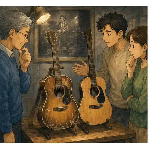 Illustration 3: Show two nearly identical guitars or jackets, with one original linked to a real past m...
