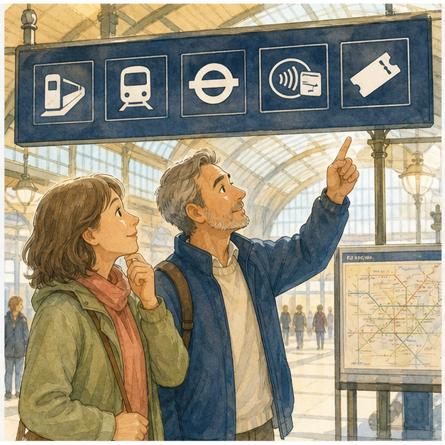 Illustration 1: Ask about the platform, train, Underground, contactless payment, or return ticket in En...