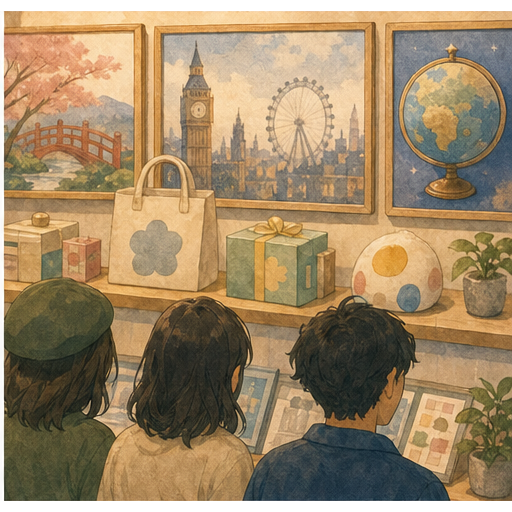 Illustration 4: Show a Japanese design desk with small gift boxes, a globe, and a soft London-like wind...