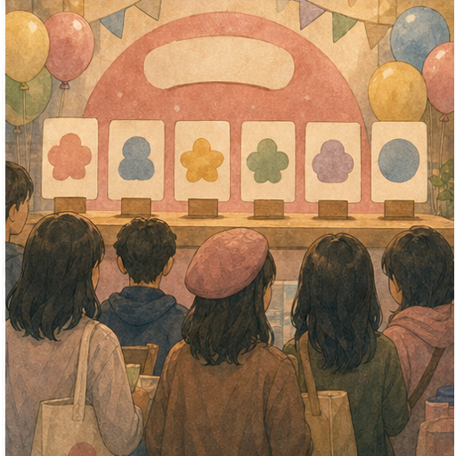 Illustration 6: Show fans gathering around blank character cards, vote-like tokens, and cafe, fashion,...
