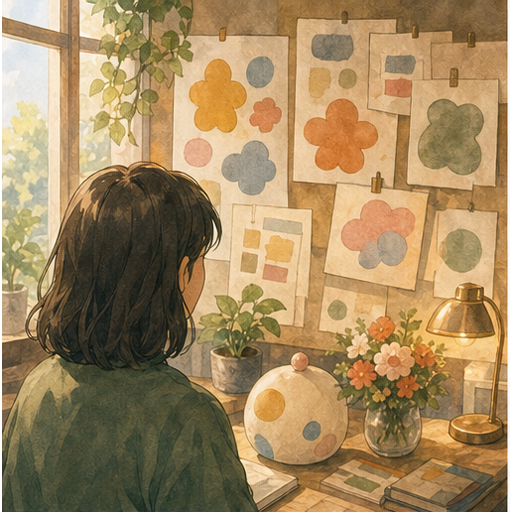 Illustration 1: Show a designer comparing a plain everyday item with a softly decorated small gift item...