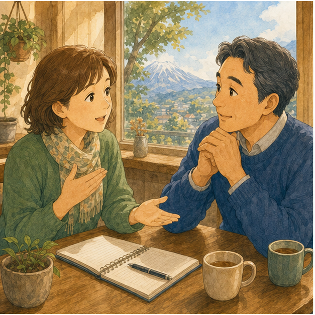 Two adult learners introduce themselves gently in a warm cafe-study room.