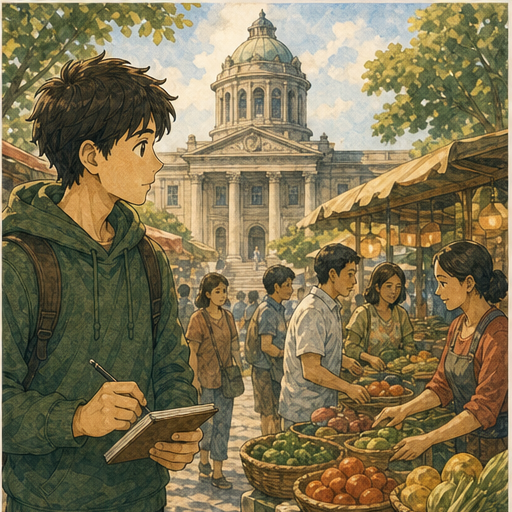 Illustration 2: Show a port or market scene where ingredients, tools, and people from different culture...
