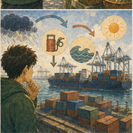 Illustration 4: Show a port or market scene where ingredients, tools, and people from different culture...